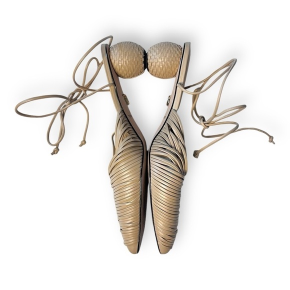 Lenny Lu Miranda Moroccan Leather Tan Cocoon Slip On Mules W/ basket heels - Picture 1 of 9